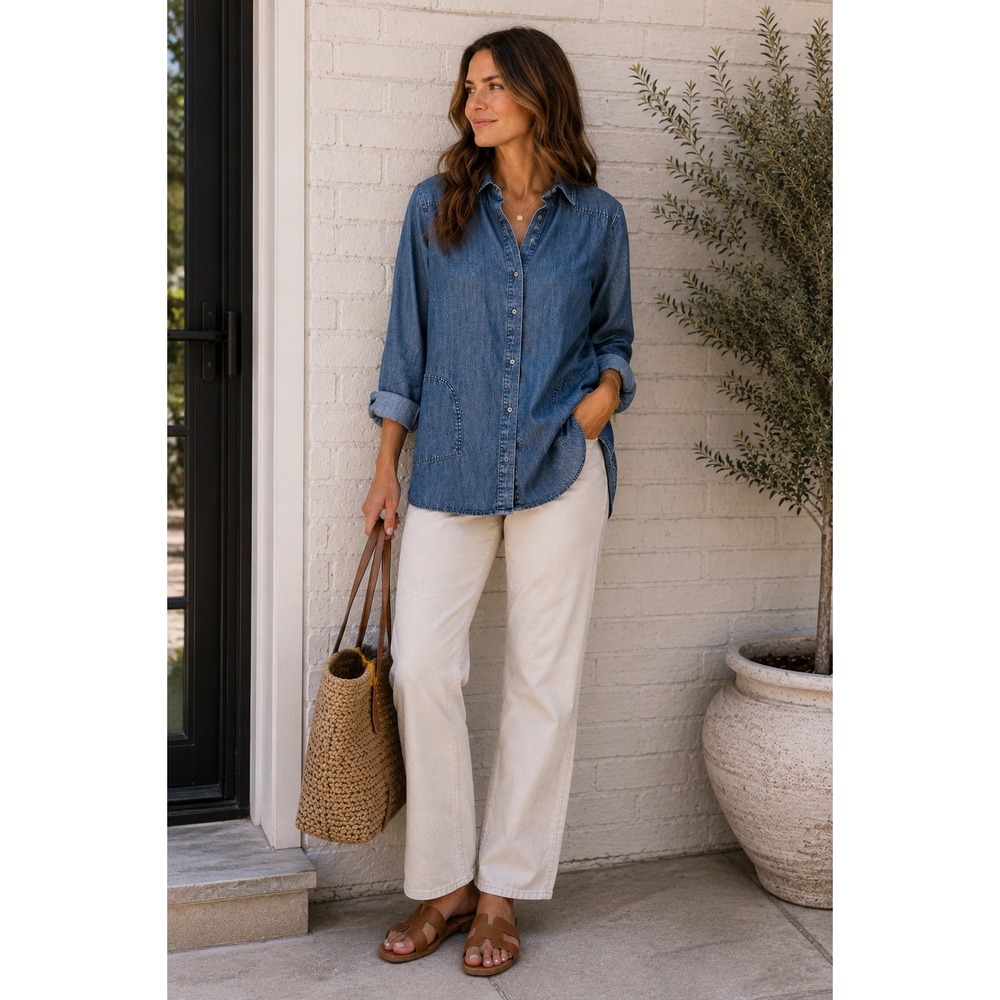 Chicos Denim Chambray Button Up Shirt Tunic Top Size 0/S Minimalist Capsule